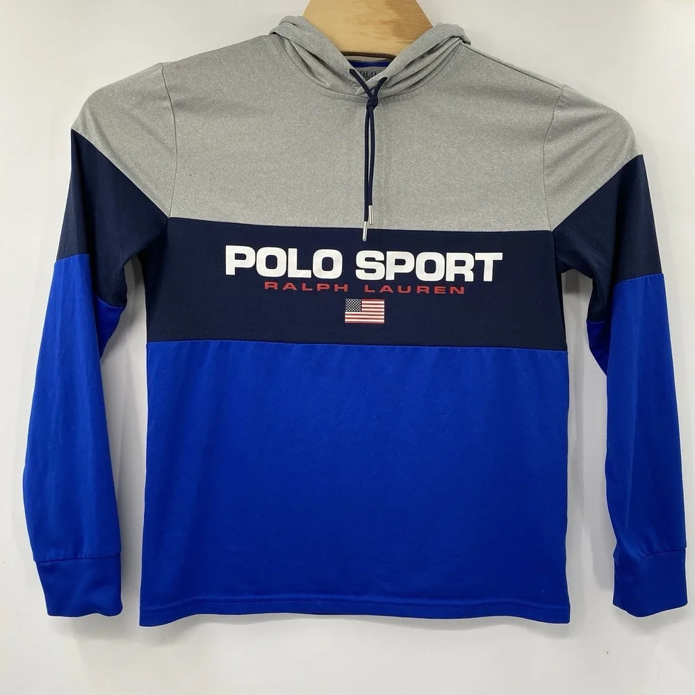 Polo Sport Ralph Lauren Hoodie Mens Small Blue Grey‎ Colorblock Performance Logo